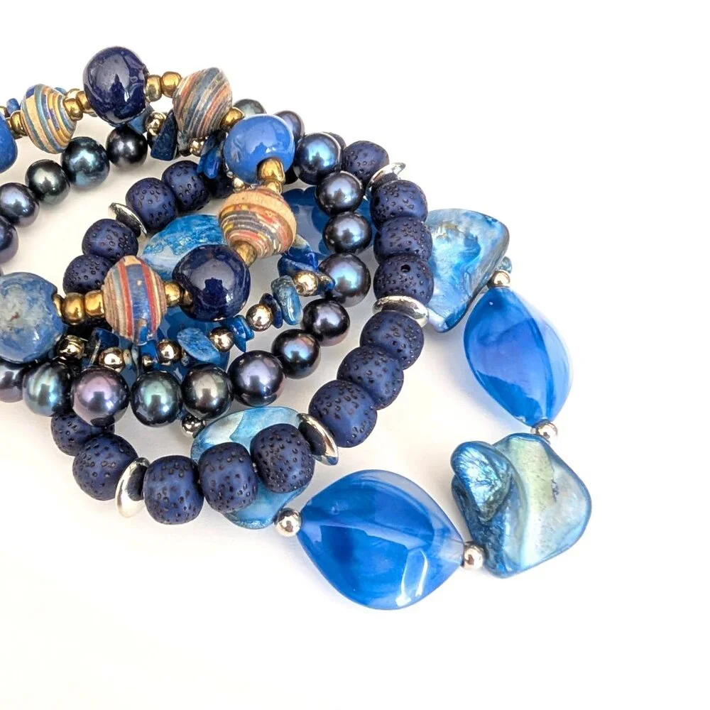 5 shades of blue layering beaded bracelets